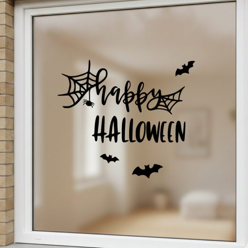 Herbruikbare Happy Halloween raamstickers met spinnenwebben, spinnetjes en vleermuizen van statische raamfolie