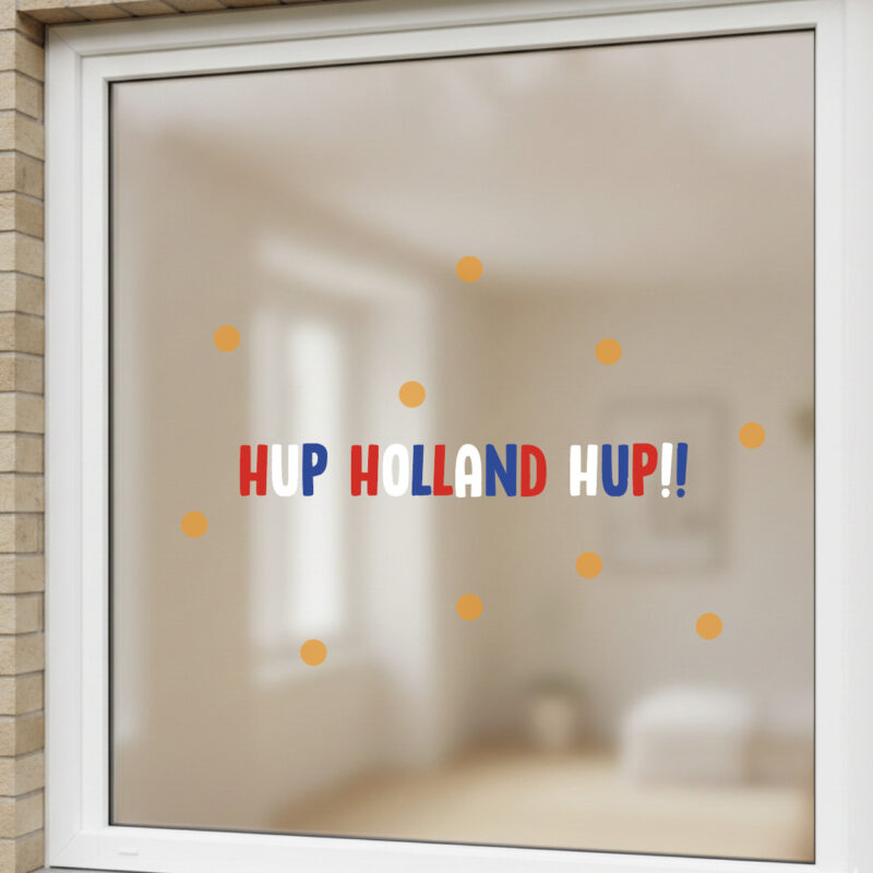 Hup Holland Hup EK/WK raamstickers voor het raam in rood wit blauw met herbruikbare voetbal raamdecoratie voor kinderen en gezinnen