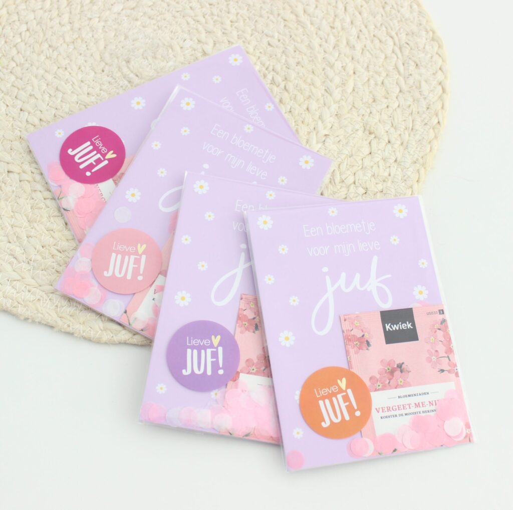 Een origineel juffenbedankje, een bloemetje voor de juf, cadeautje voor het einde van het schooljaar, met een zakje bloemzaadjes