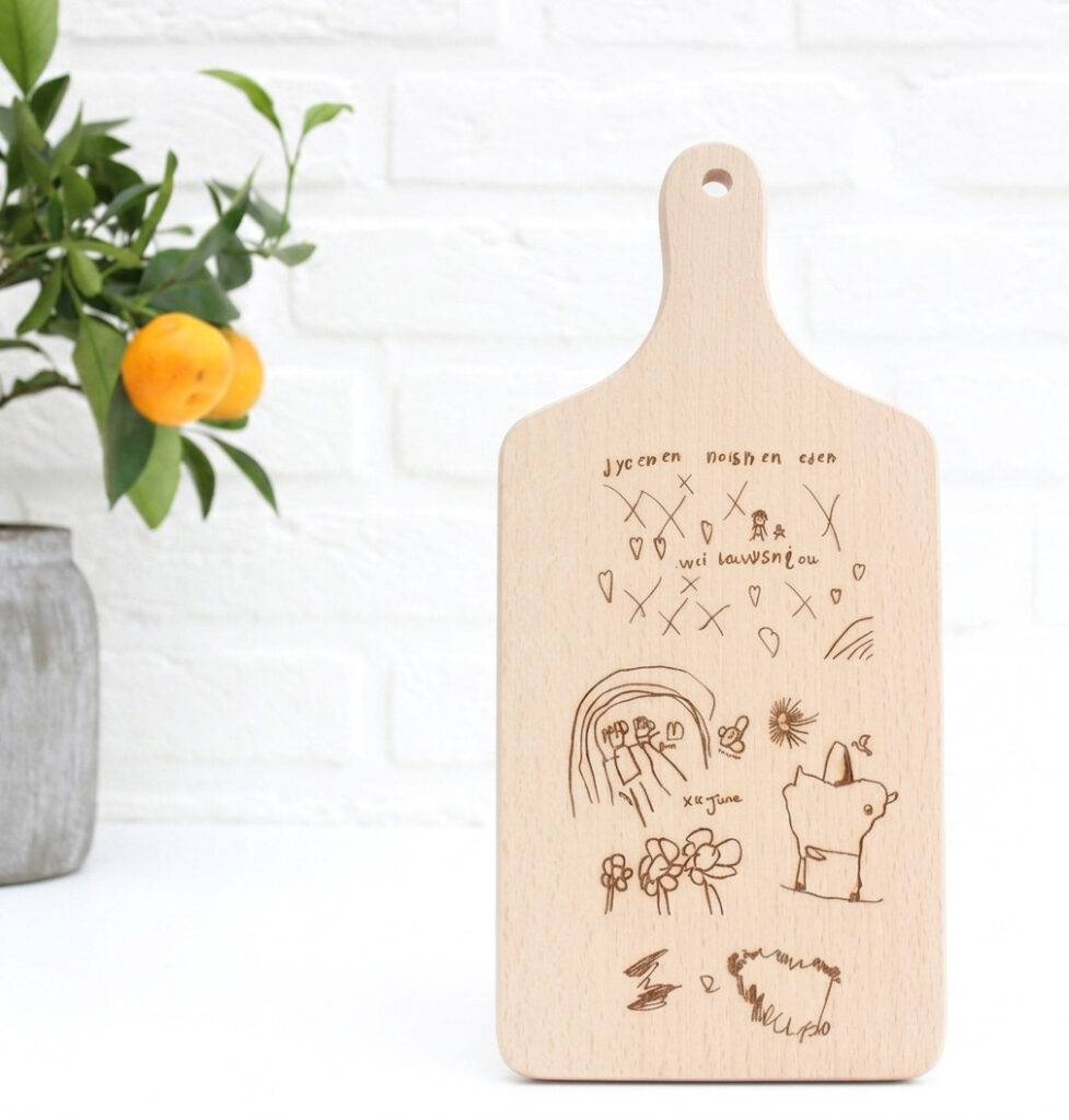 gepersonaliseerde beukenhouten plank met kindertekening en gravering voor papa of opa vaderdag